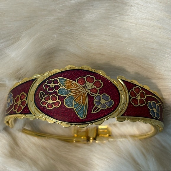 Vintage Cloisonné Red Gold Butterfly Floral Hinge Bangle Bracelet - Picture 1 of 5